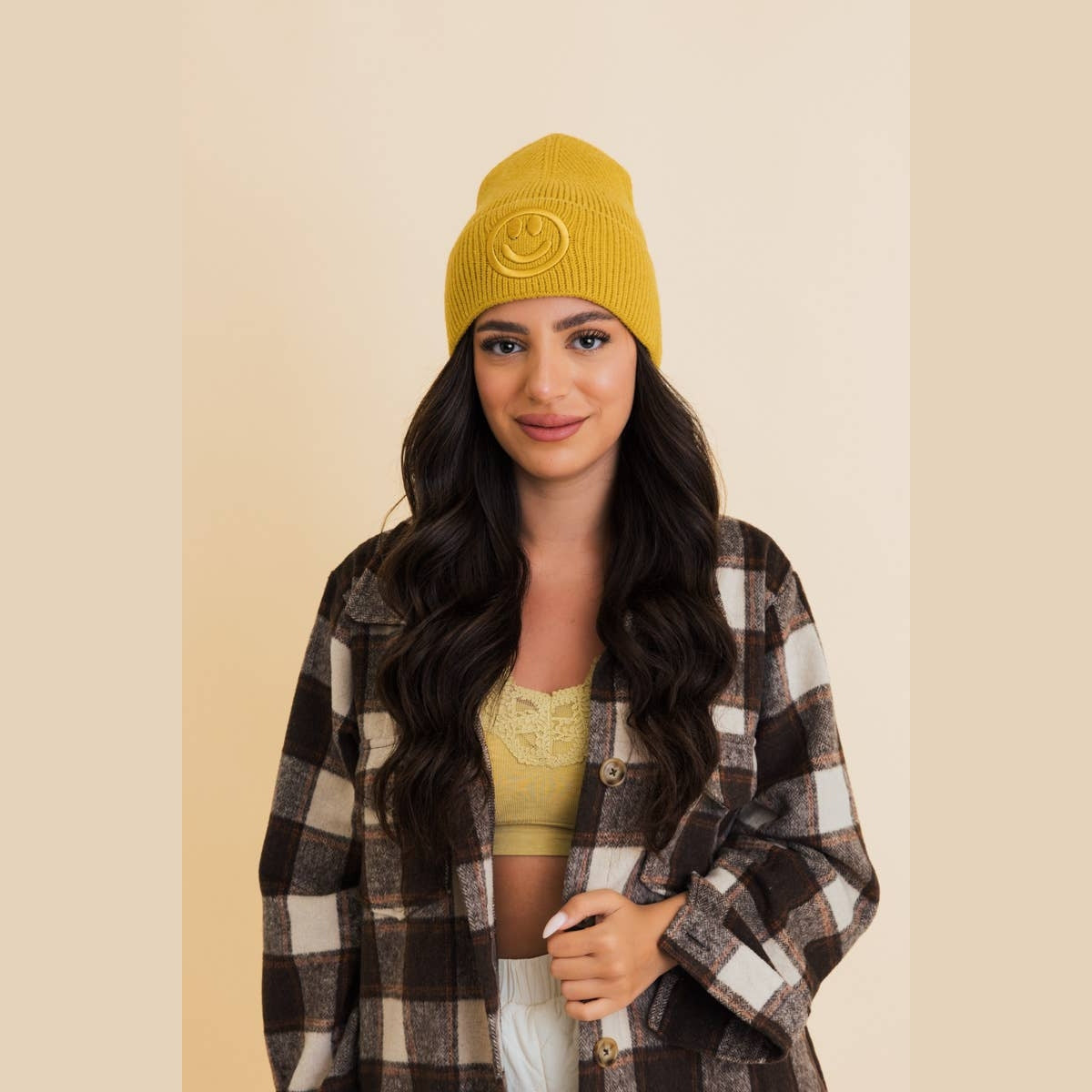 Happy Face Embroidered Ribbed Knit Beanie