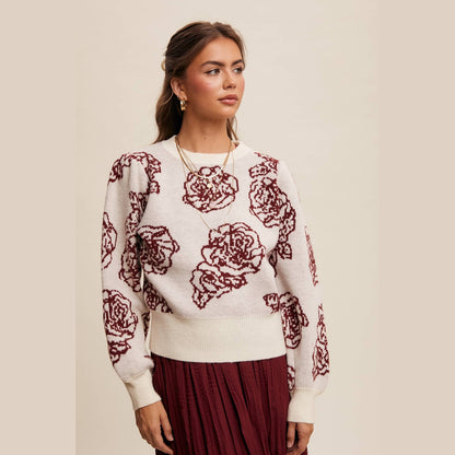 Floral Jacquard Puff-Sleeve Sweater