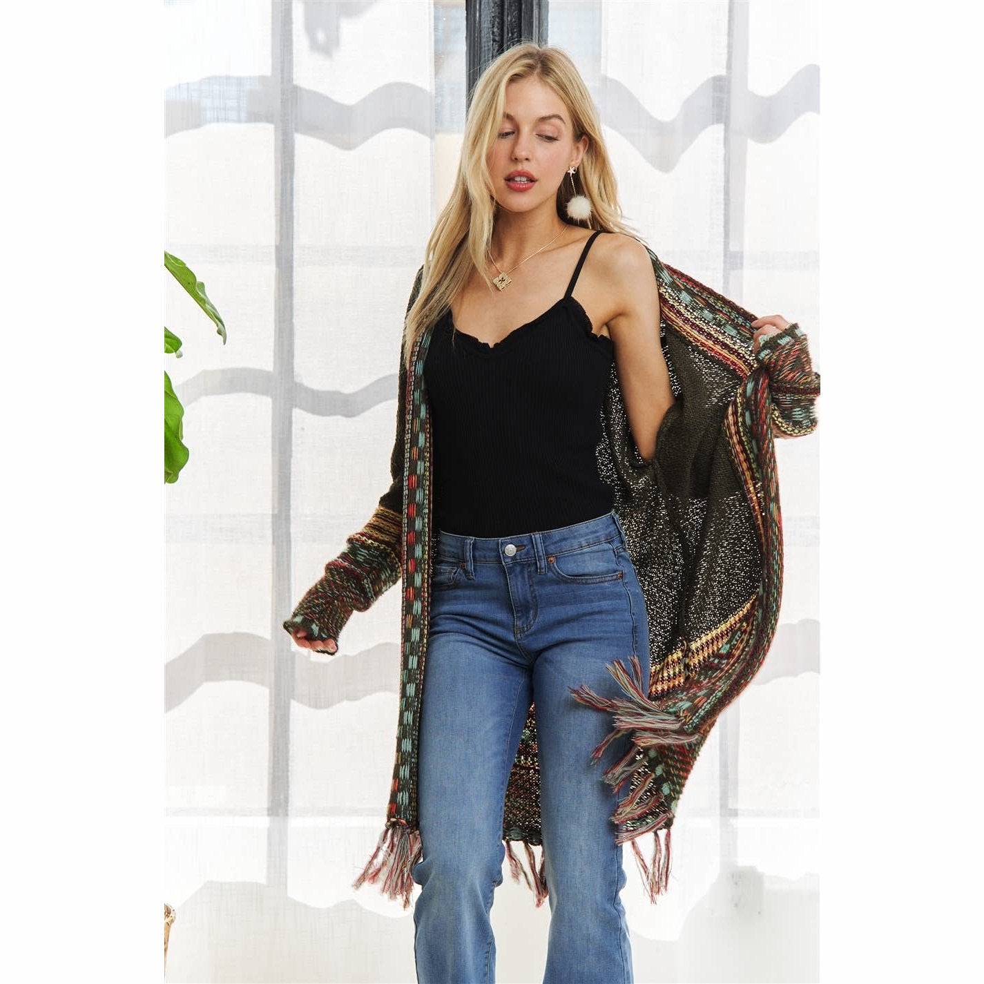 Fringe Hem Multicolor Cardigan