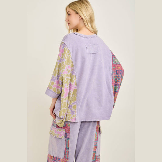 Mineral Washed Crochet Flower Printed Poncho
