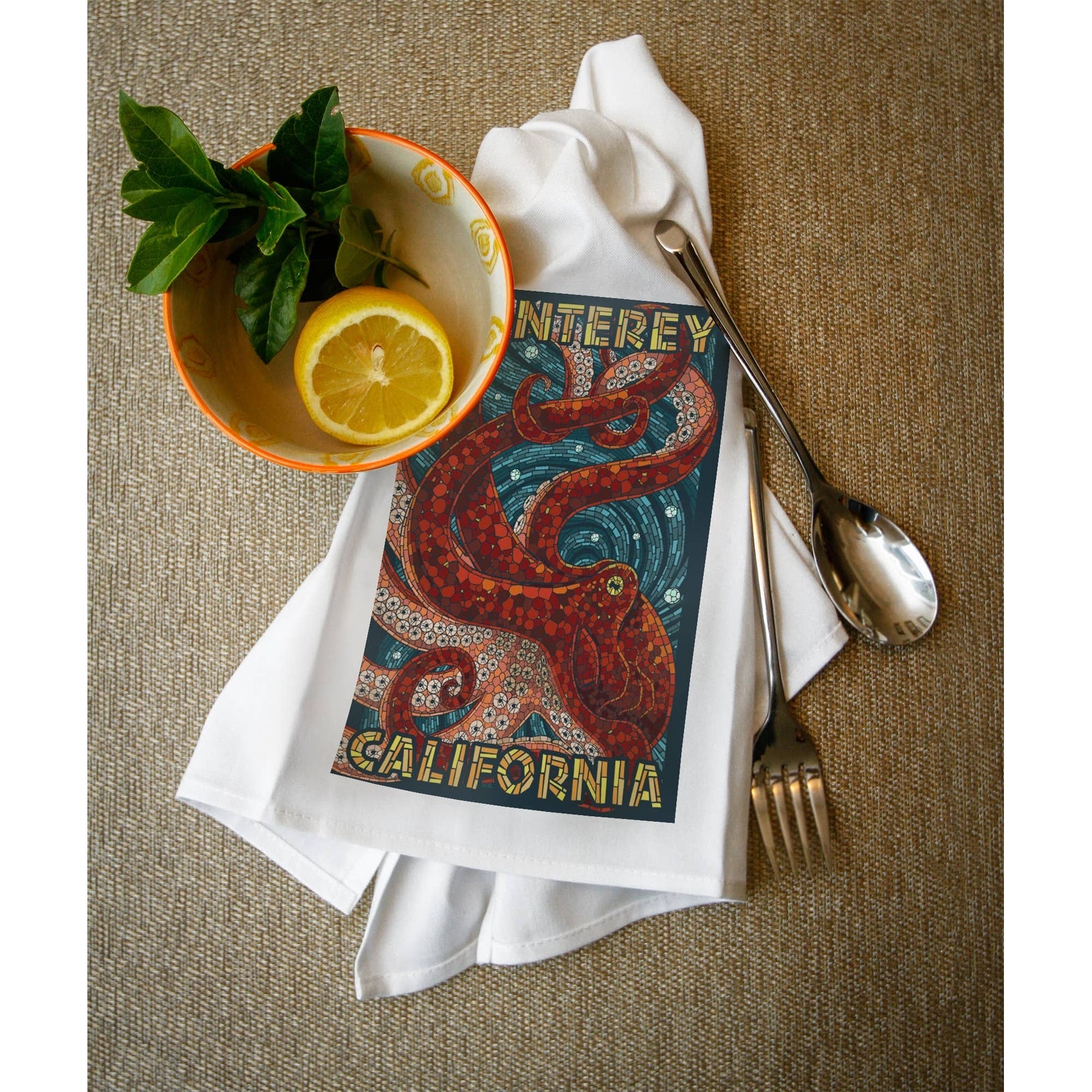 ORGANIC TEA TOWEL Monterey, California, Octopus, Mosaic - Thumbnail 3