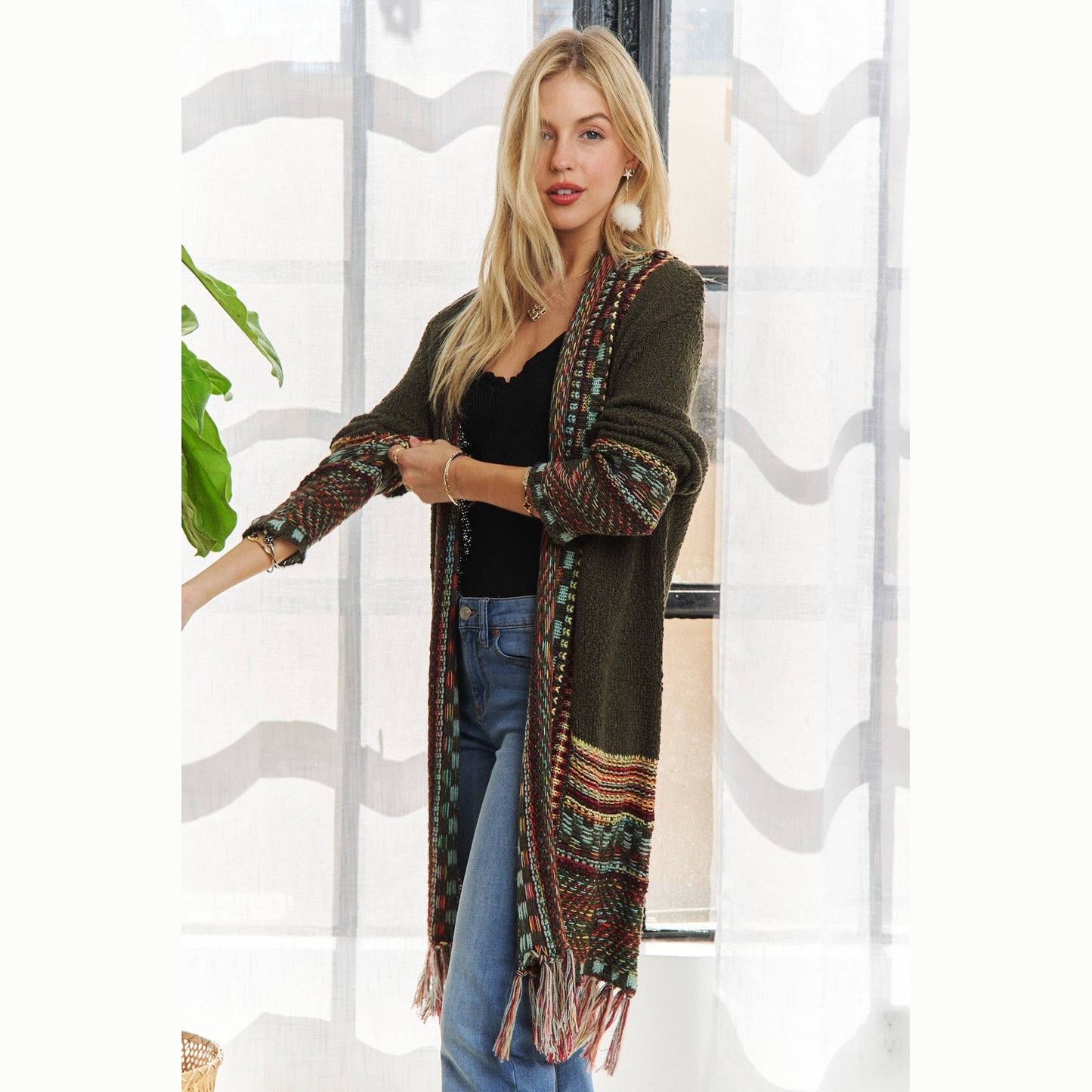 Fringe Hem Multicolor Cardigan