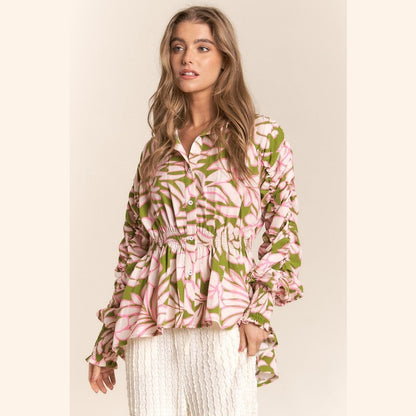 Floral Ruched Sleeve High Low Button Down Top