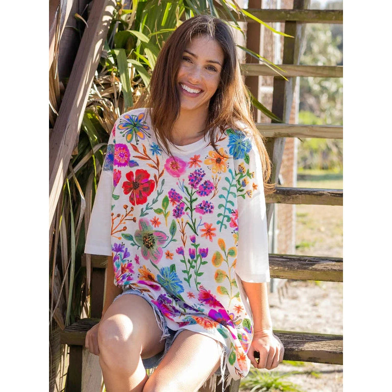 One Size Cotton Easy Tee - Rainbow Garden White