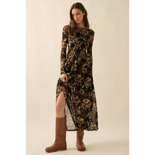 Floral Mesh Smocked Long-Sleeve Midi Dress