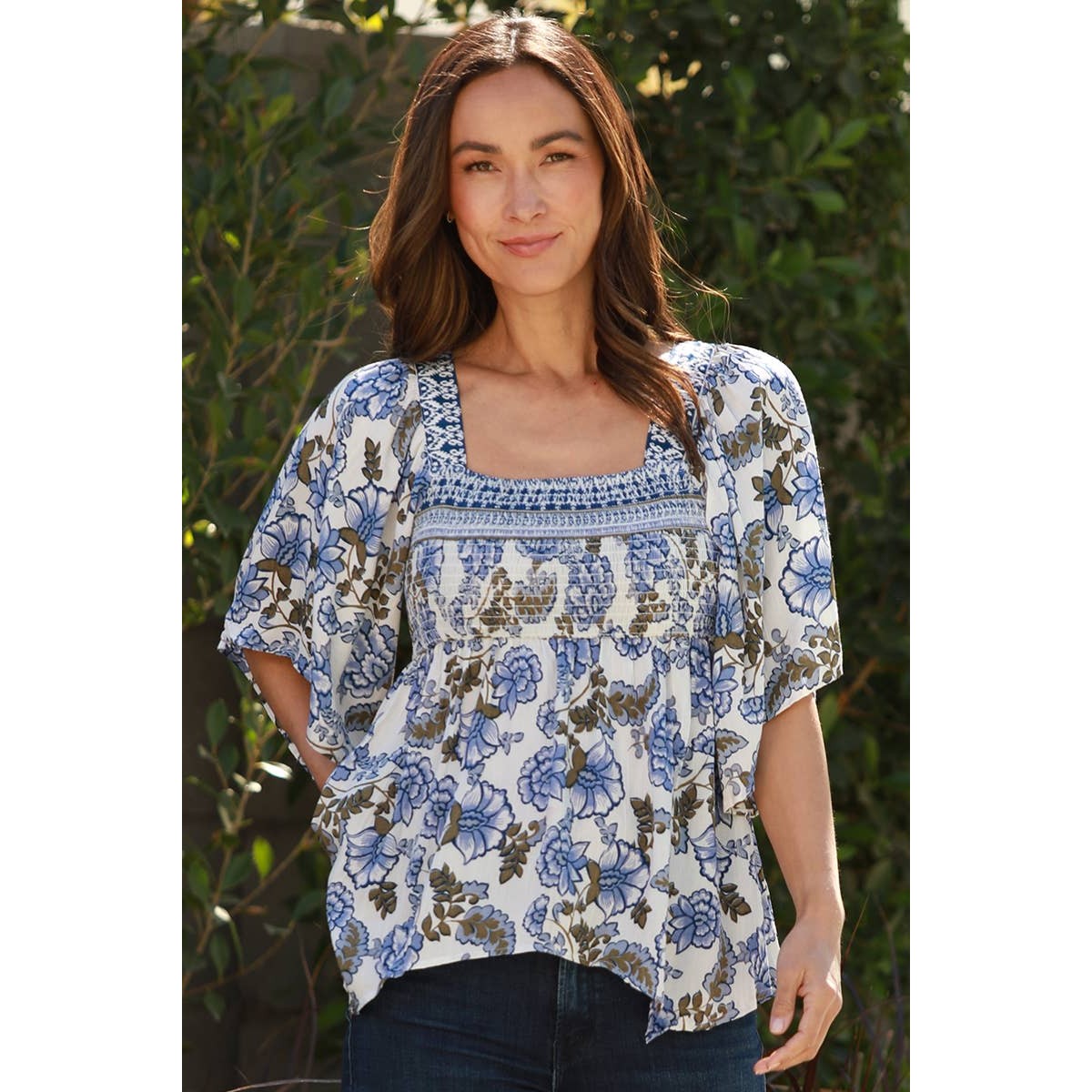 Blue Floral Flowy Smocked Top