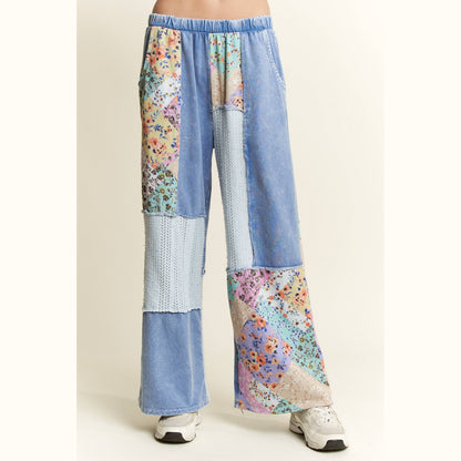 Mineral Washed Floral Wave Knit Jacquard Boho Pants