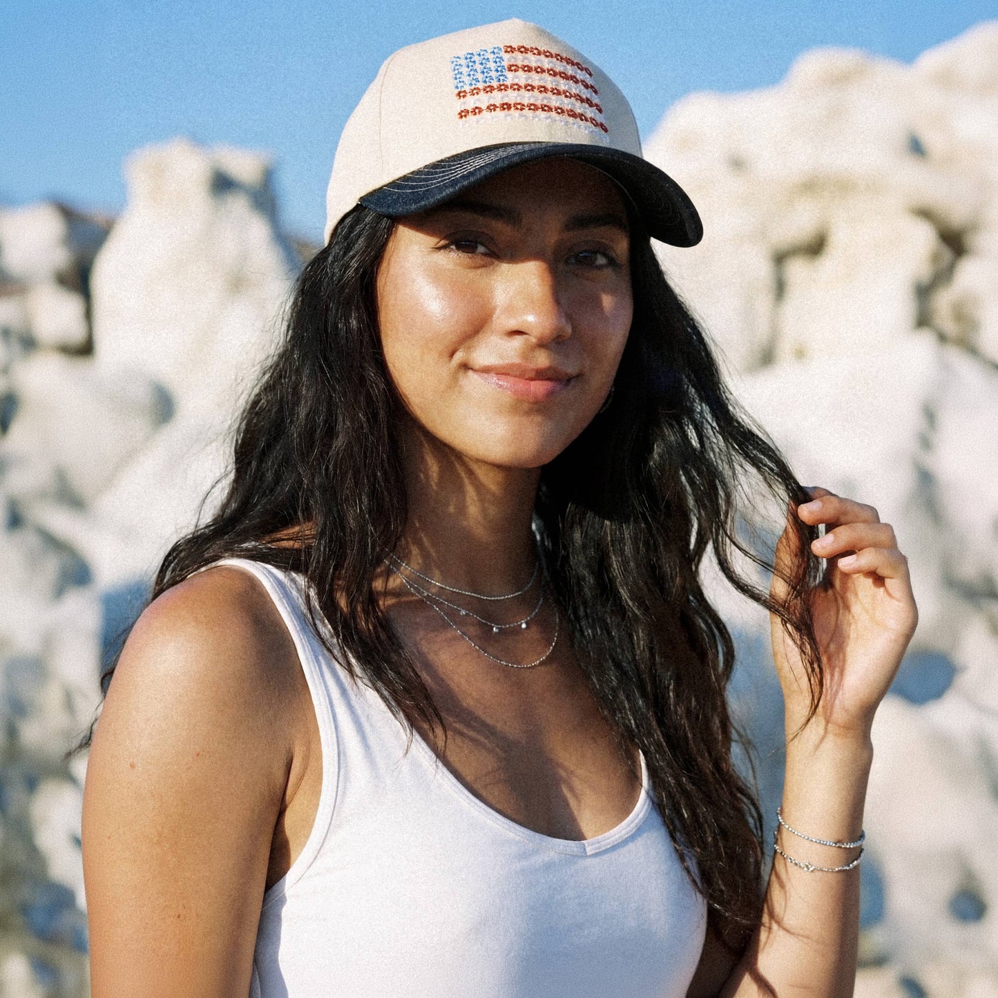 C.C Daisy Flower Pattern USA Flag Trucker Cap