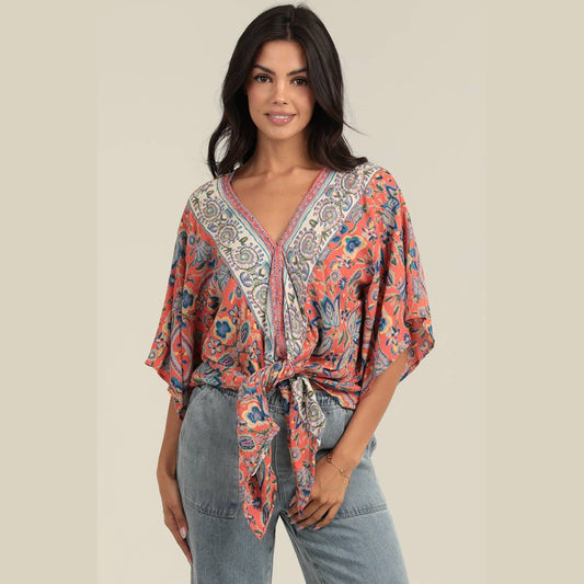 Coral Boho Flowy Top with Waist Tie