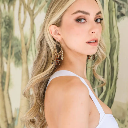 Carnelian & Jade Feather Fringe Hoop Earring