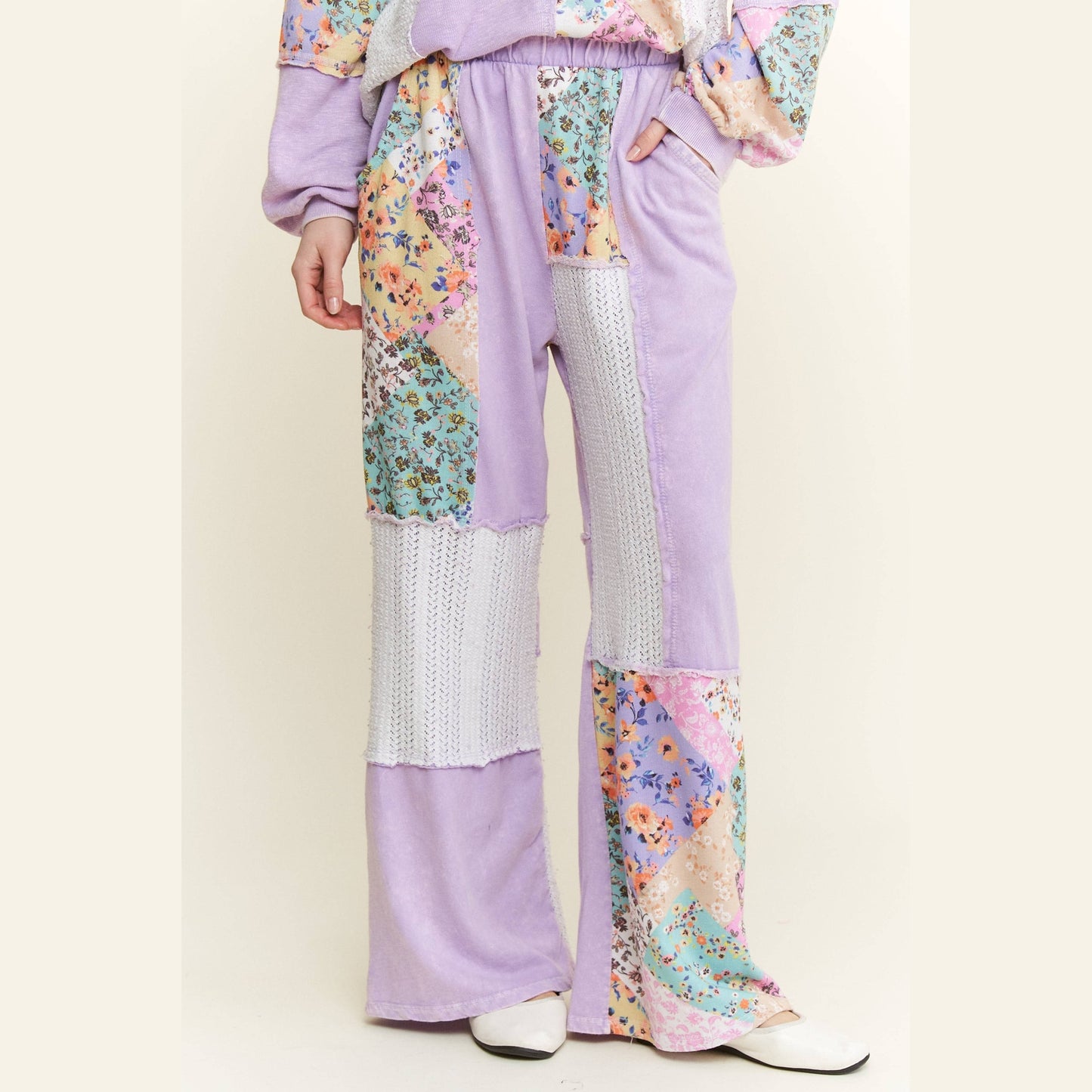 Mineral Washed Floral Wave Knit Jacquard Boho Pants