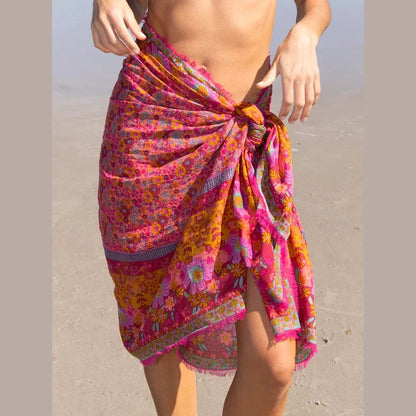 Printed Cotton Sarong - Magenta Borders