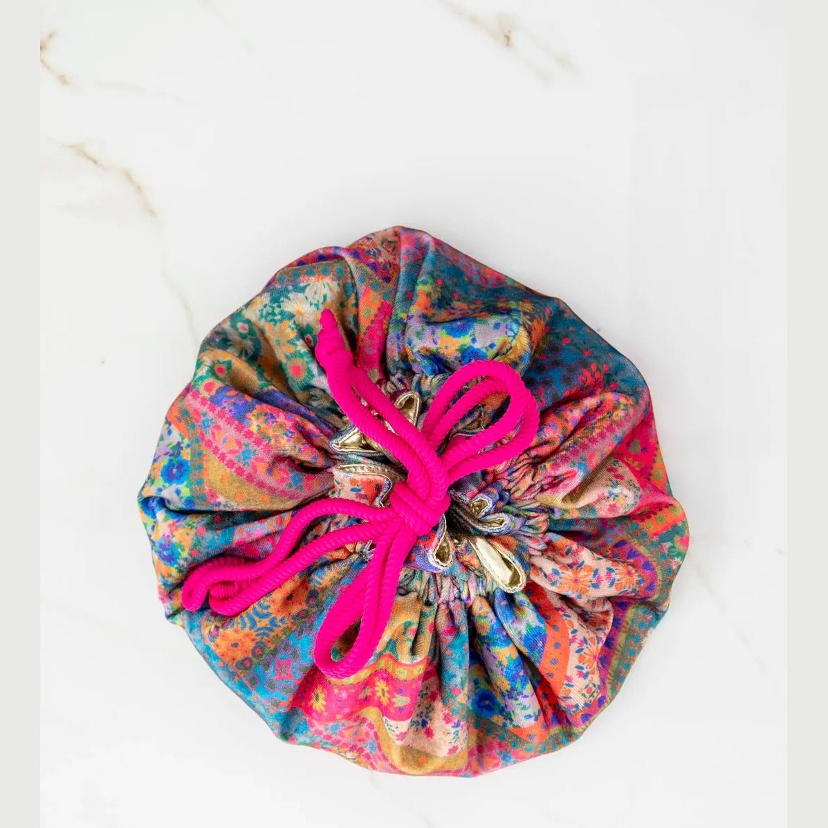 Drawstring Velvet Cosmetic Pouch - Folk Flower