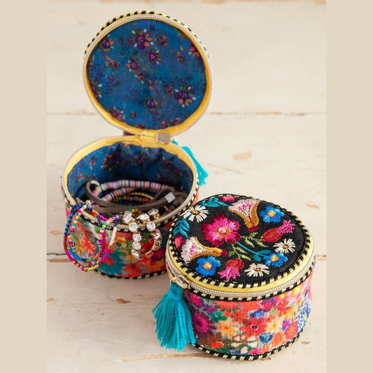 Embroidered Jewelry Case - Black Folk Flower