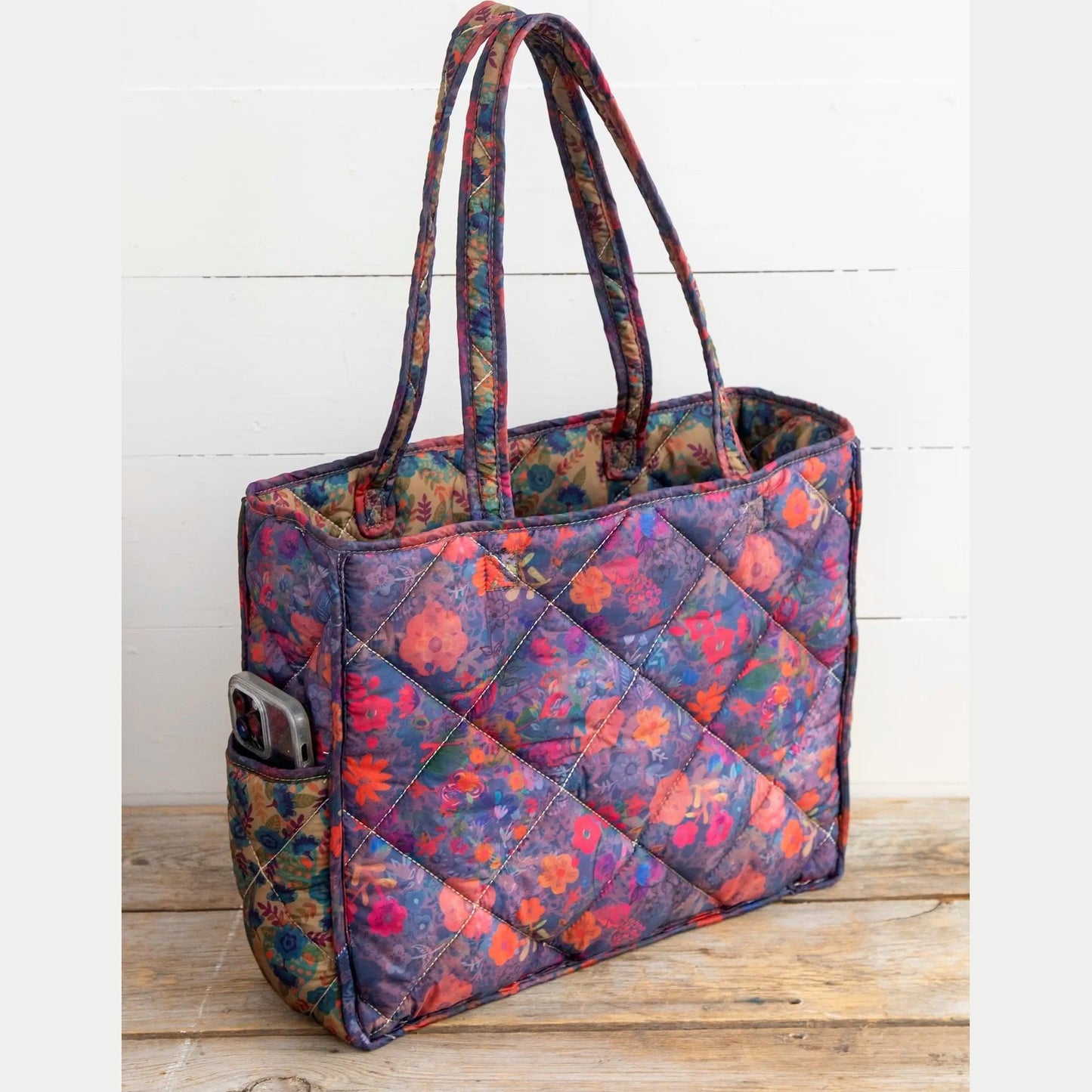 Reversible Puffy Tote Bag - Large, Floral Garden