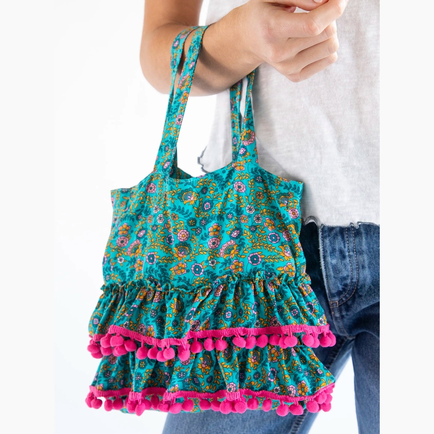 Mini Ruffle Tote Bag - Turquoise Ditsy Vines