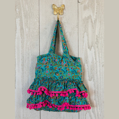 Mini Ruffle Tote Bag - Turquoise Ditsy Vines