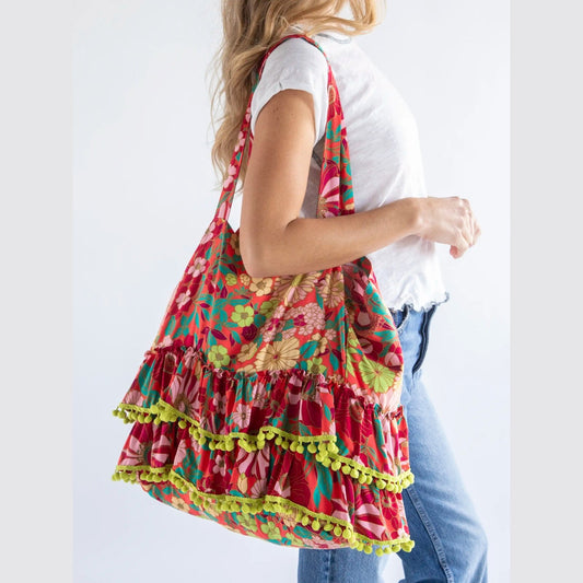 Ruffle Tote Bag - Coral Lime Floral