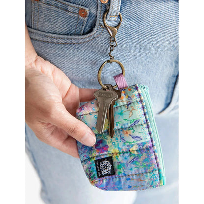 Mini Puffy Coin Purse Key Clip - Blue Watercolor Patchwork