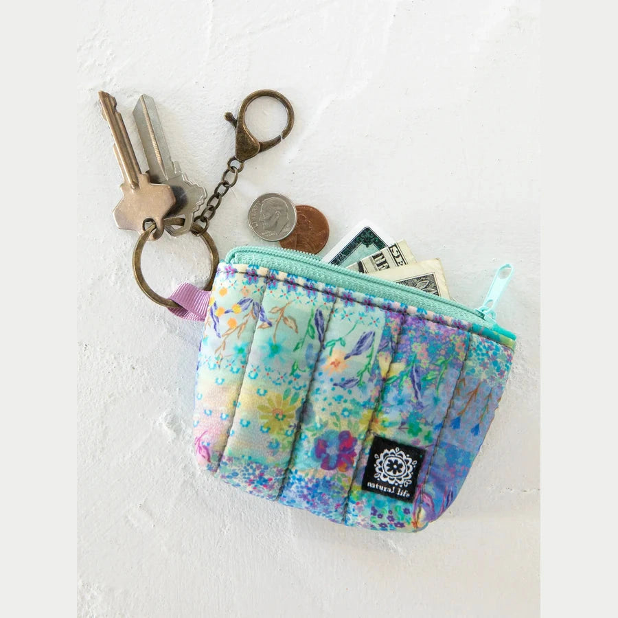 Mini Puffy Coin Purse Key Clip - Blue Watercolor Patchwork