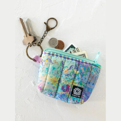 Mini Puffy Coin Purse Key Clip - Blue Watercolor Patchwork