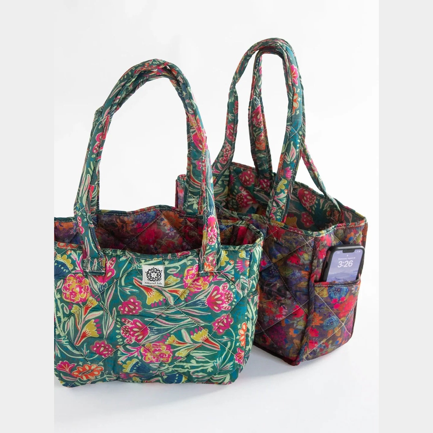 Reversible Puffy Tote Bag - Medium Green Lined Floral