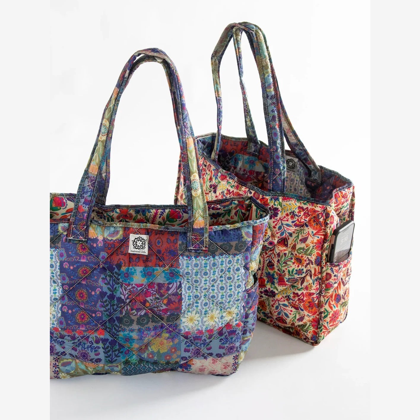 Reversible Puffy Tote Bag - Large Blue Patchwork