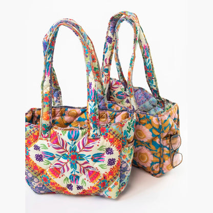 Reversible Puffy Tote Bag - Medium Mandala Folk Patchwork