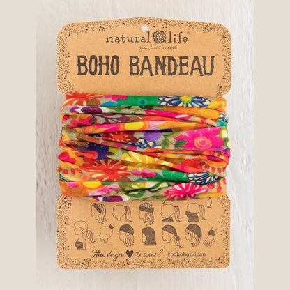 Full Boho Bandeau® Headband - Floral Printed Blue Cream