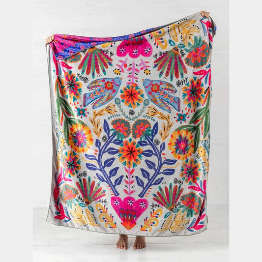 Double-Sided Cozy Throw Blanket - Taupe Birds