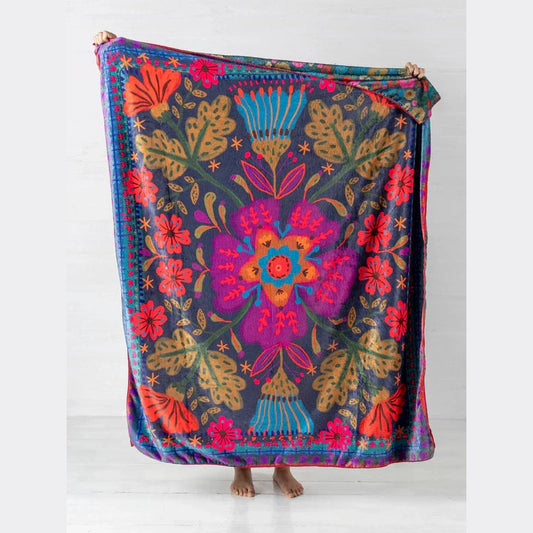 Double-Sided Cozy Throw Blanket - Pink Folk Flower