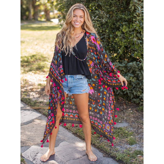 Nandita Vintage Kimono - Charcoal Border Print