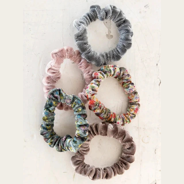 Velvet Scrunchies, Set of 5 - Light Grey