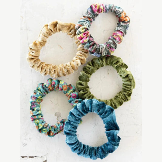 Print and Velvet Scrunchies, Set of 5 - Olive