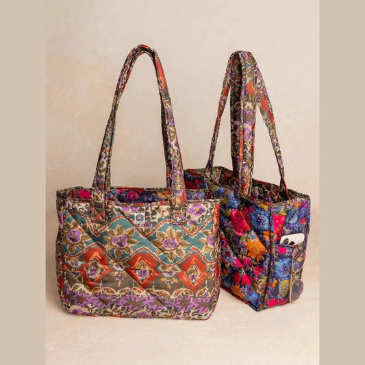 Reversible Puffy Tote Bag - Medium Brown Tuscany Border