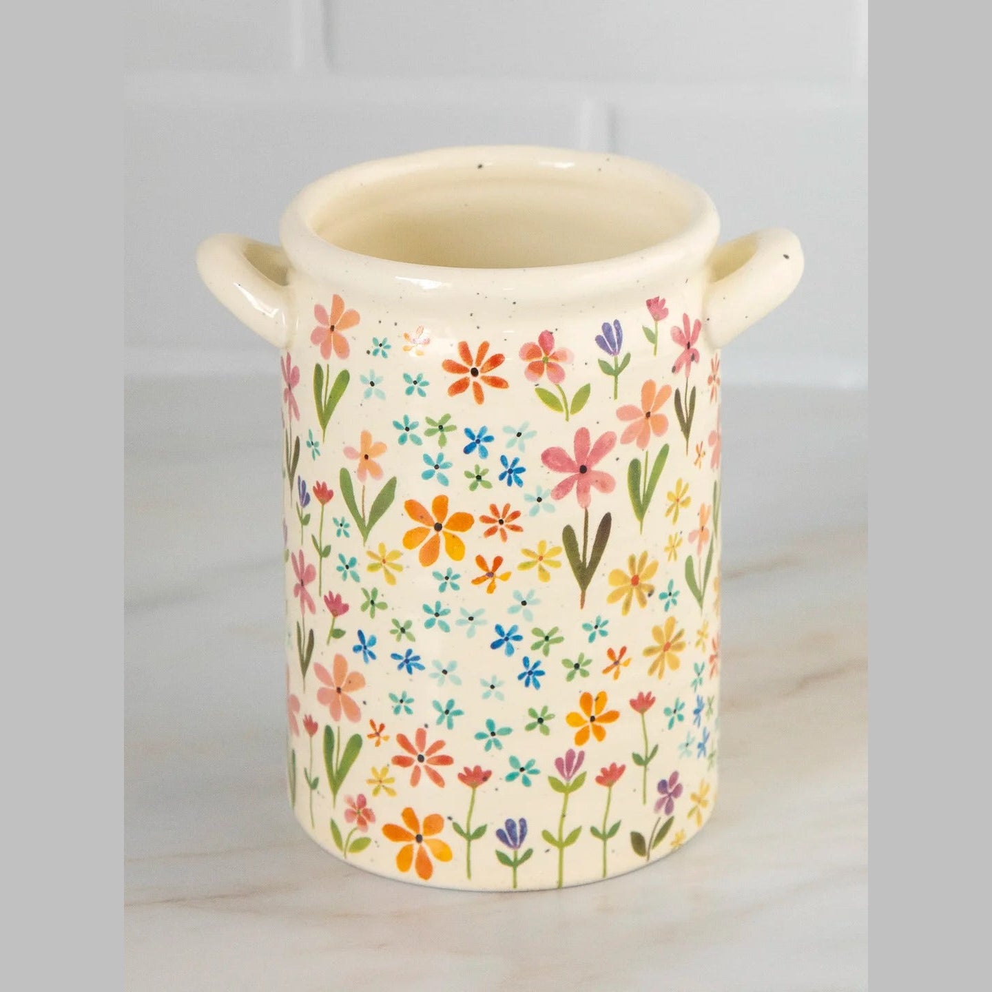 Utensil Crock - Ditsy Cream Rainbow Floral