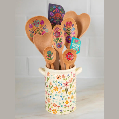 Utensil Crock - Ditsy Cream Rainbow Floral