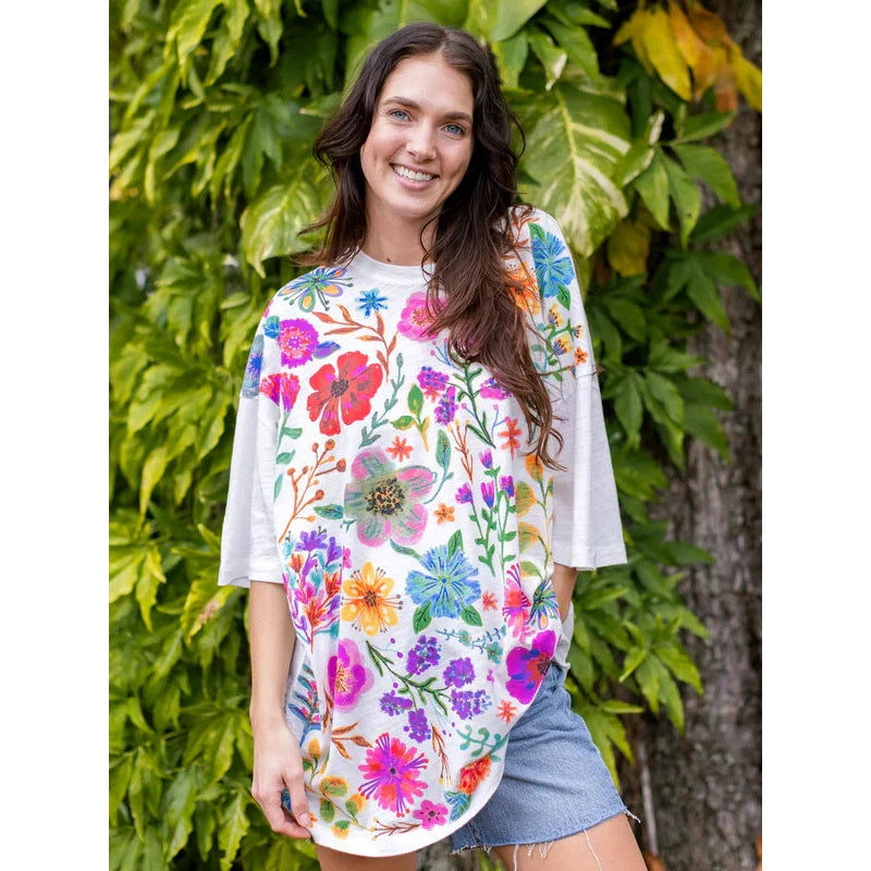 One Size Cotton Easy Tee - Rainbow Garden White