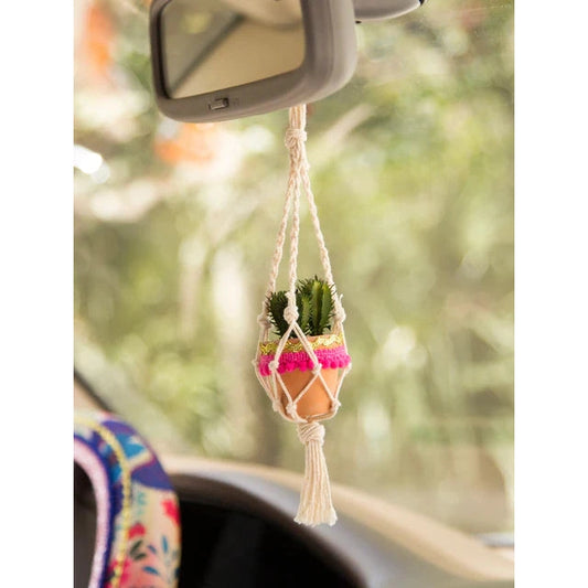 Mini Macrame Faux Succulent Car Charm - Cream