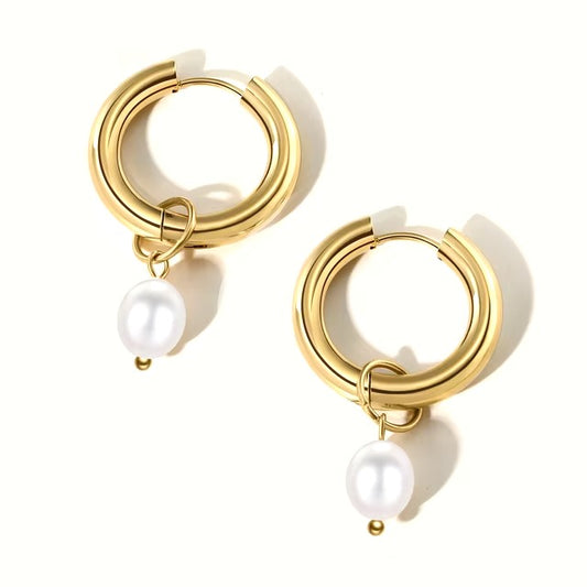 Pearl Dangle Gold Thick Hoop Earrings