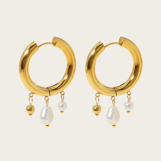 Pearl Charms Gold Thick Hoop Earrings