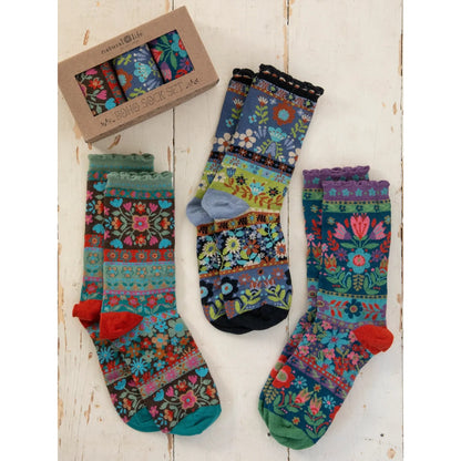 Boxed Boho Sock Set, Set of 3 - Blue Floral