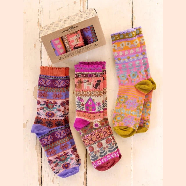 Boxed Boho Sock, Set of 3 - Cat