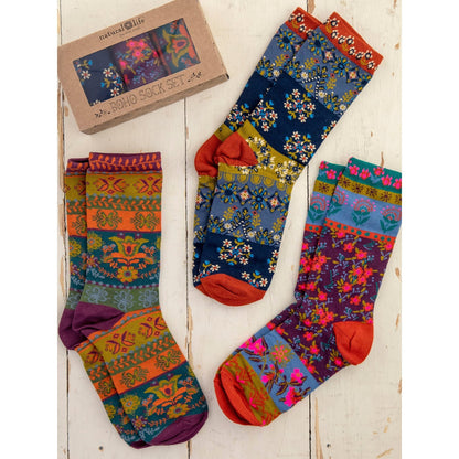 Boxed Boho Sock, Set of 3 - Plum Floral