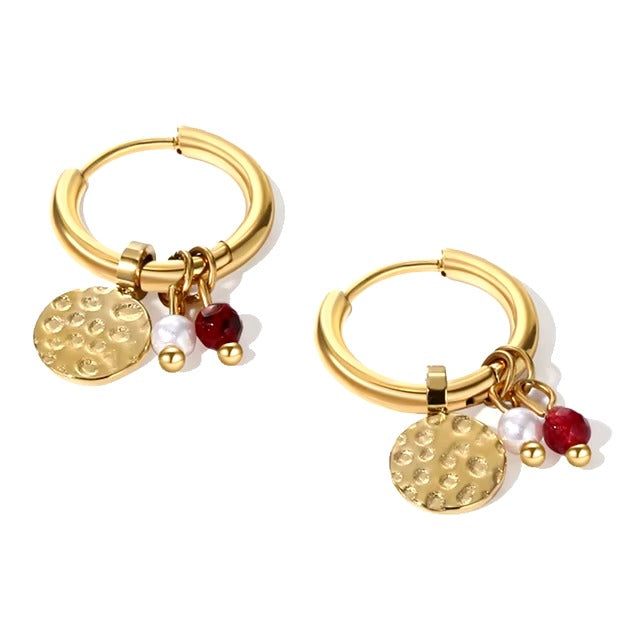 Red and Coin Charm Gold Mini Hoop Earrings