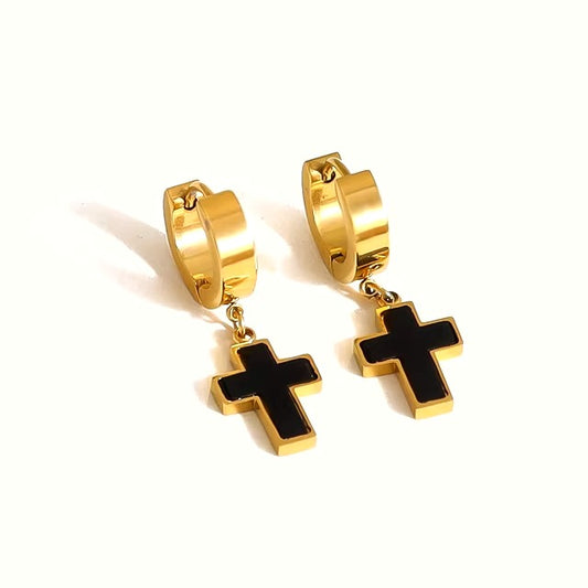 Black Cross Gold Huggie Earrings