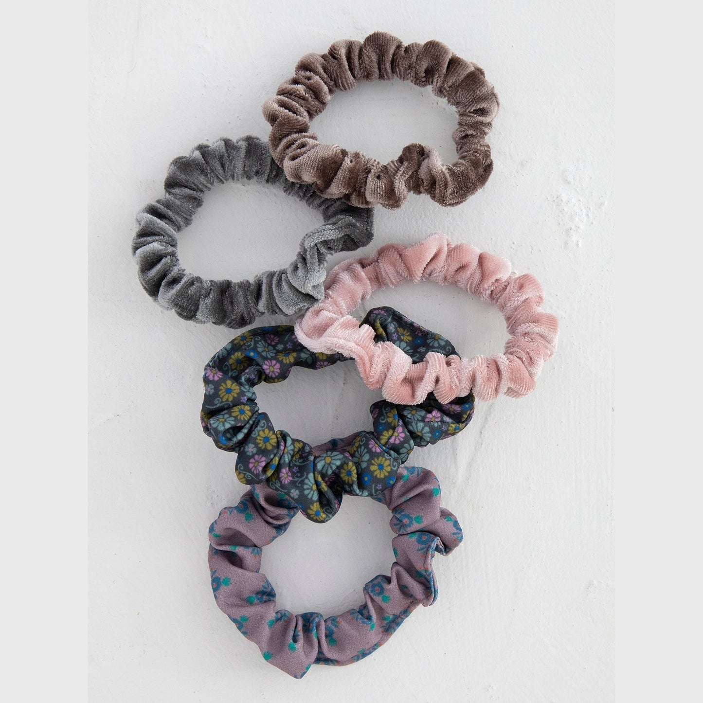 Print and Velvet Scrunchies, Set of 5 - Grey