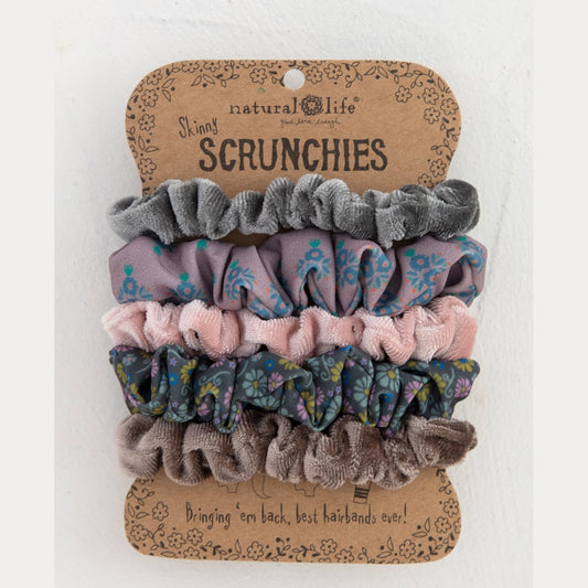 Print and Velvet Scrunchies, Set of 5 - Grey