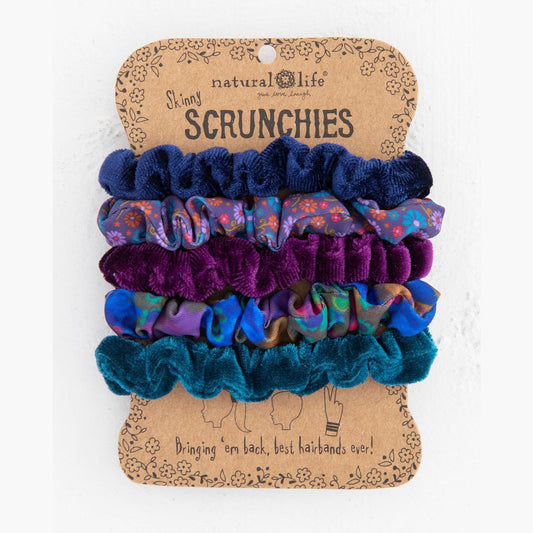 Print and Velvet Scrunchies, Set of 5 - Navy