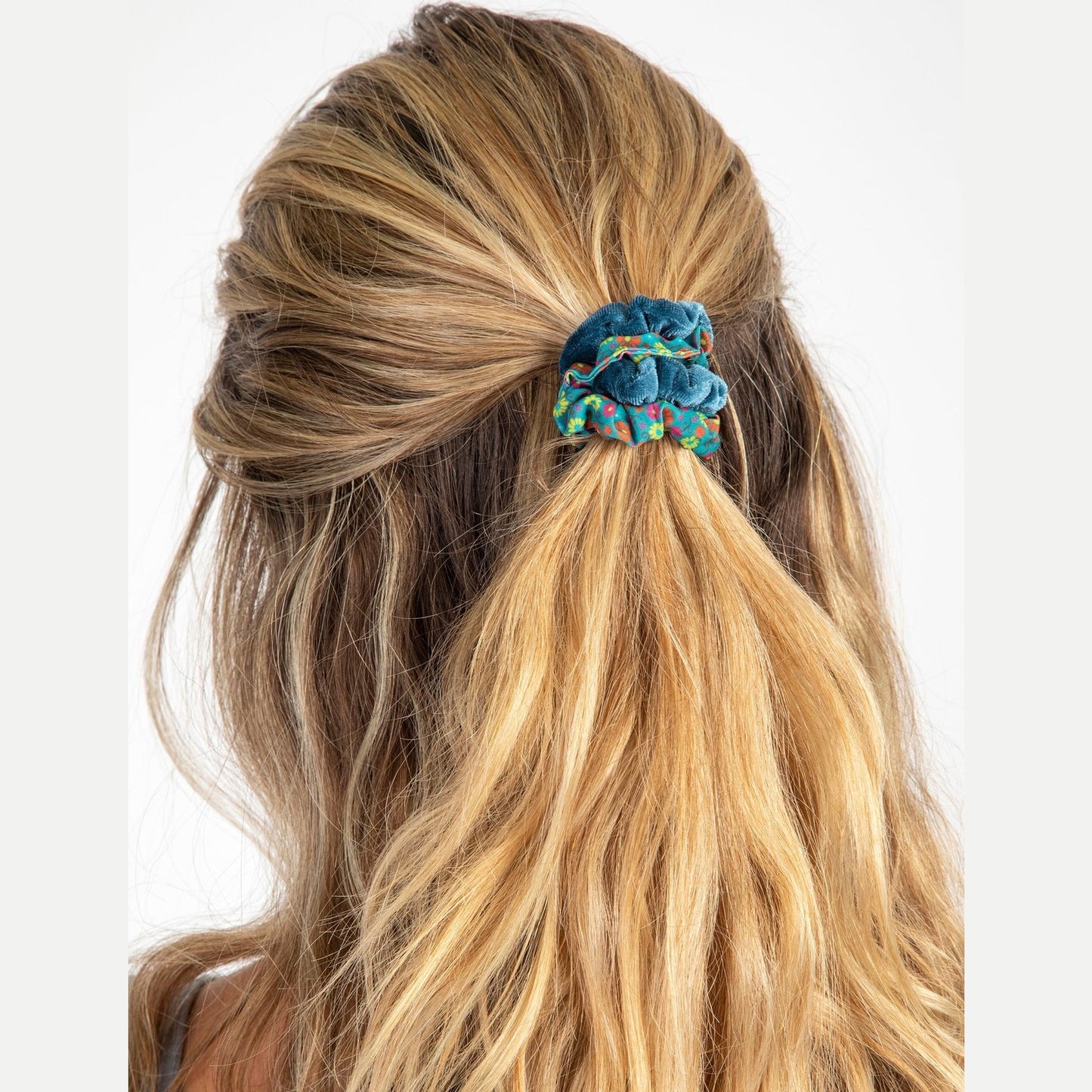 Print and Velvet Scrunchies, Set of 5 - Sage